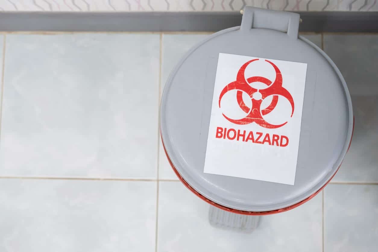 Biohazardous containers used to safely remove sharps, needles, and IV catheters that contain any human blood.