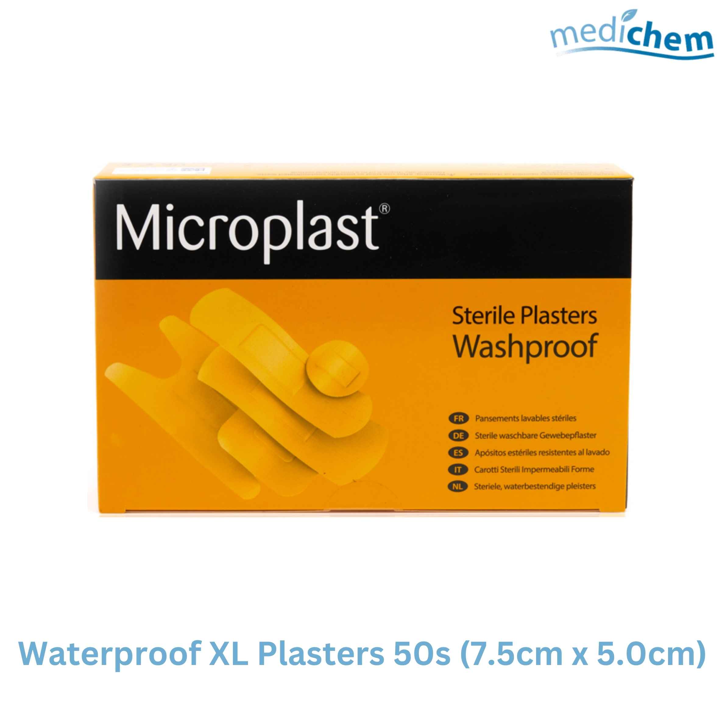 Waterproof XL Plasters 50 Pack — 7.5cm x 5.0cm Large Plasters for Extra Coverage