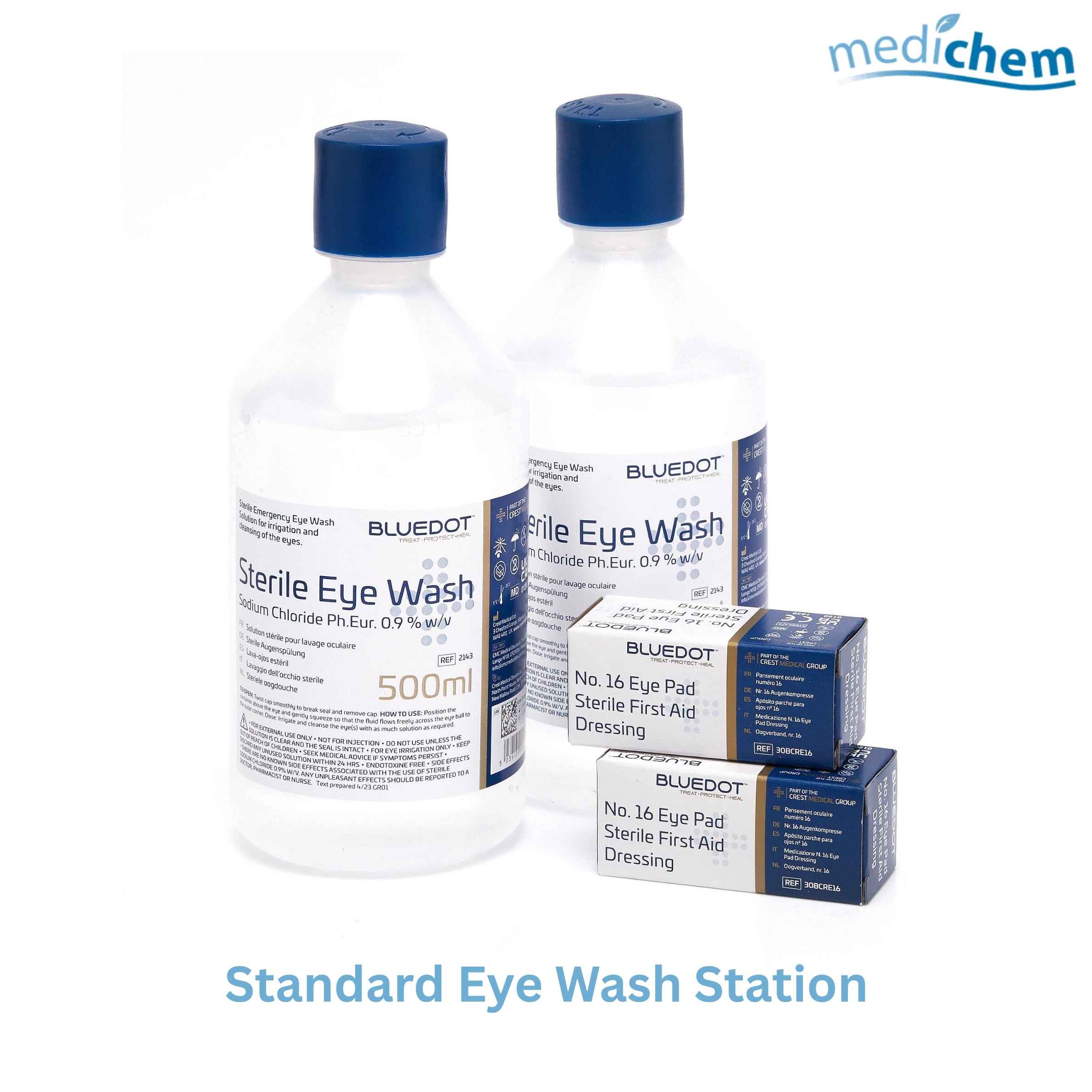 Standard Eye Wash Station — Complete Eye Irrigation Station with Saline, Eye Pads & Mirror