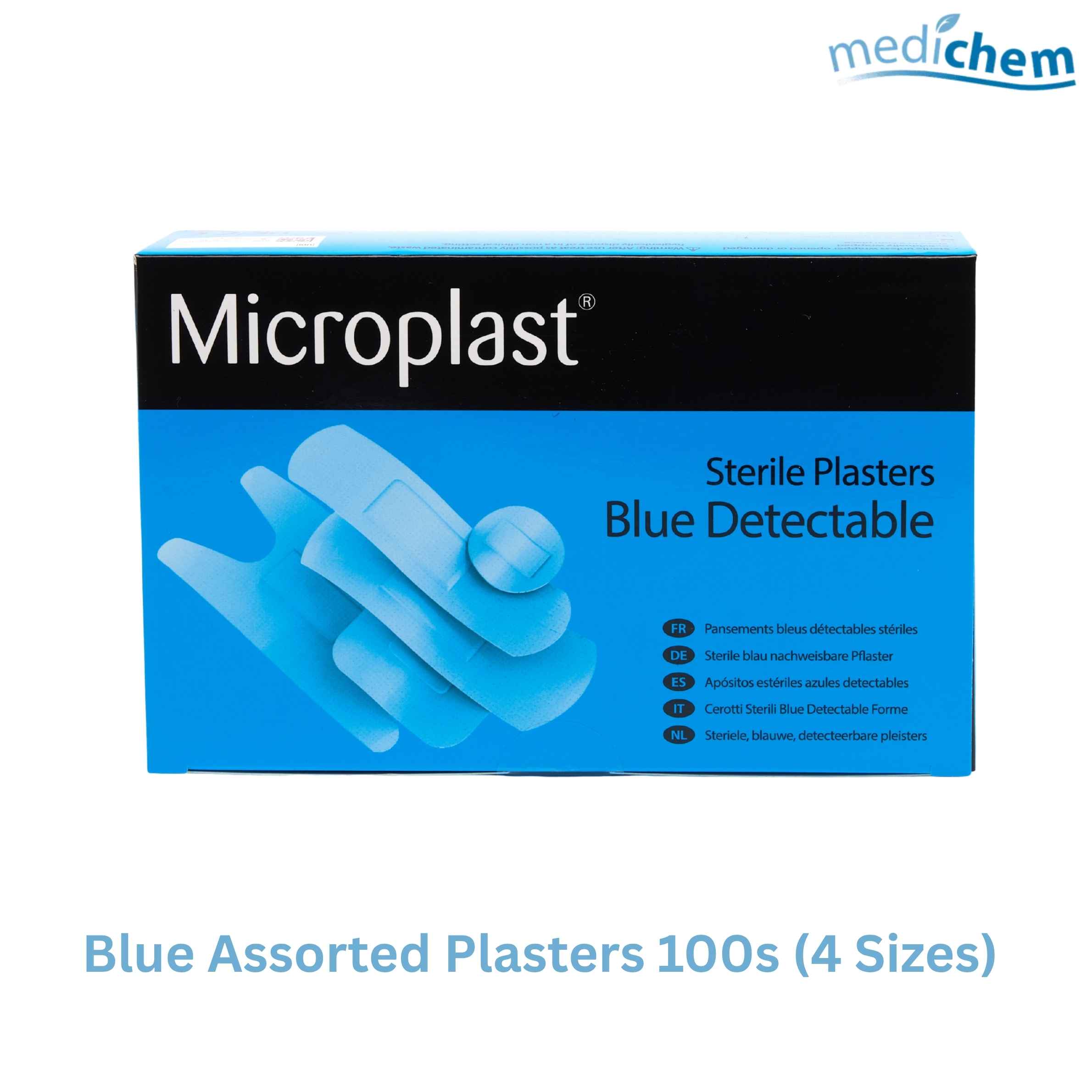 Blue Assorted Plasters 100 Pack — 4 Size Blue Plasters for Catering & Food Prep First Aid