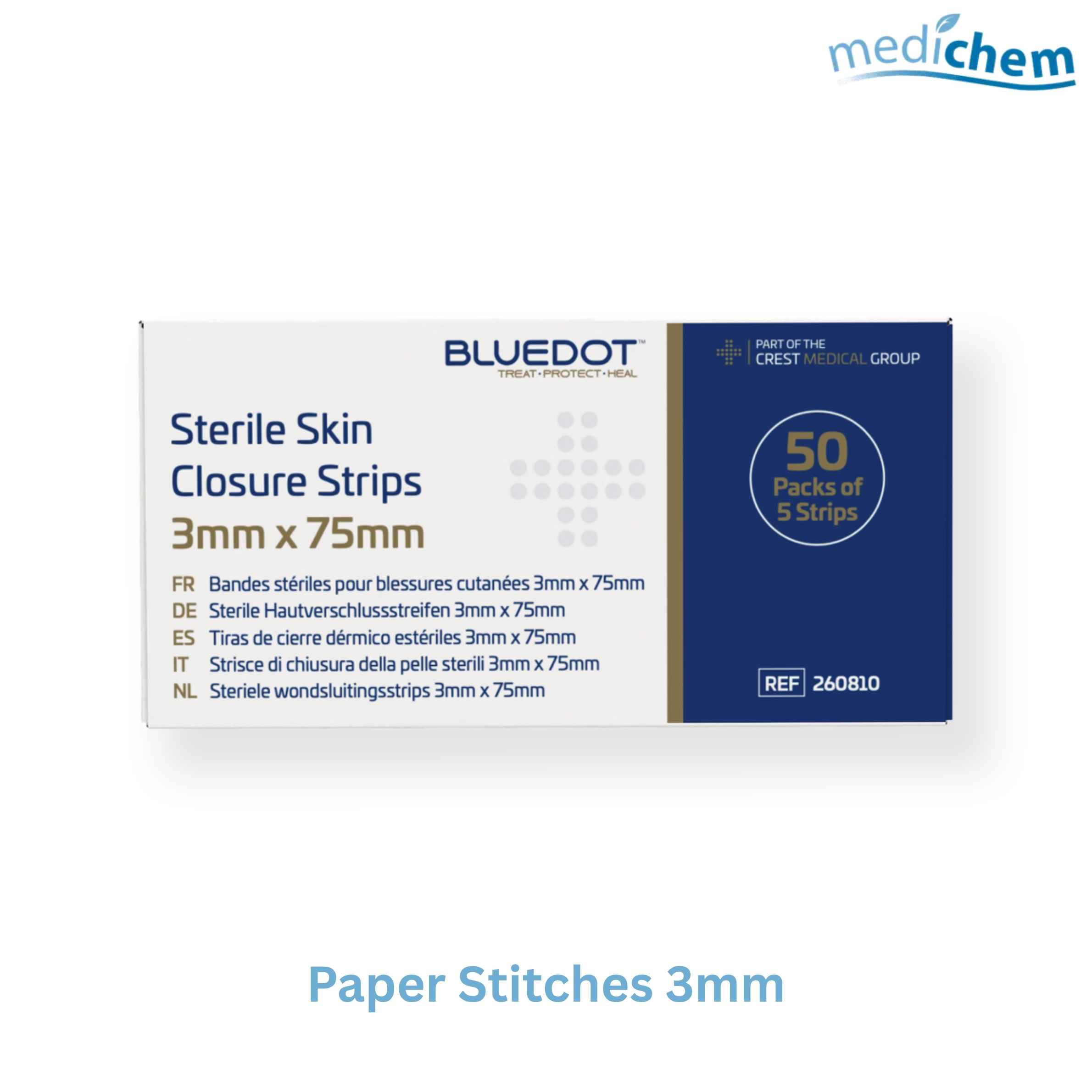 Blue Dot Paper Stitches 3mm x 75mm (Card of 5) — Sterile Skin Closure Strips for Wound Closure