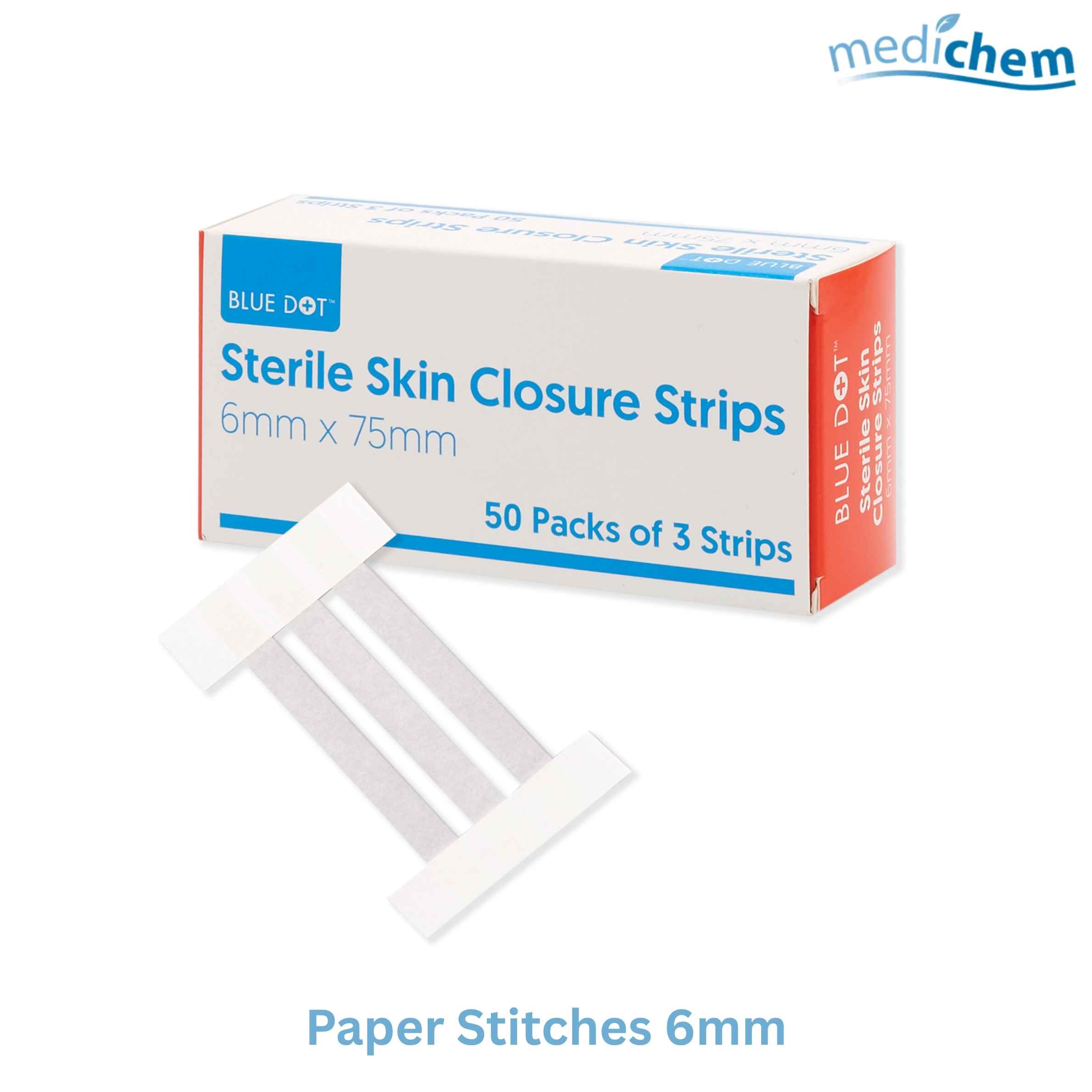 Blue Dot Paper Stitches 6mm x 75mm (Card of 3) — Sterile Skin Closure Strips for Wound Closure