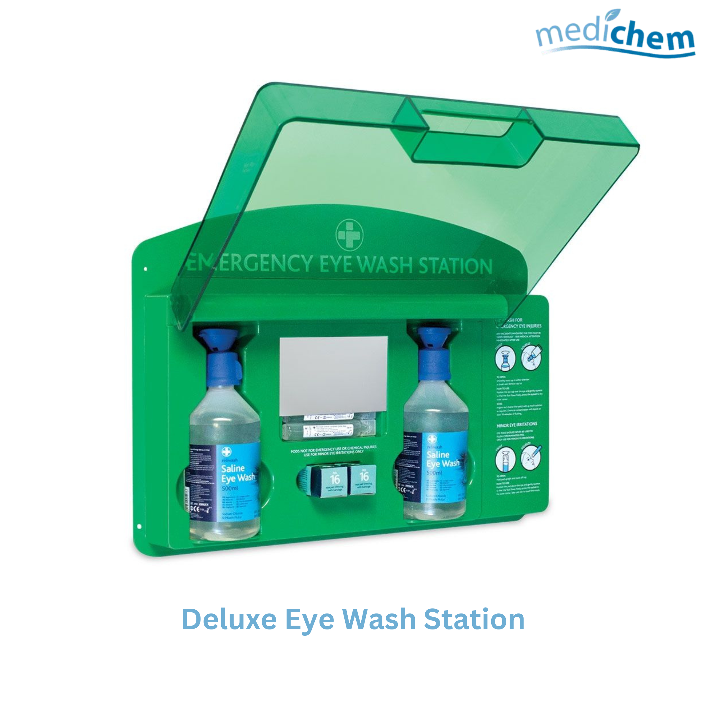 Deluxe Eye Wash Station — Outdoor Eye Irrigation Station with Saline & Eye Pads