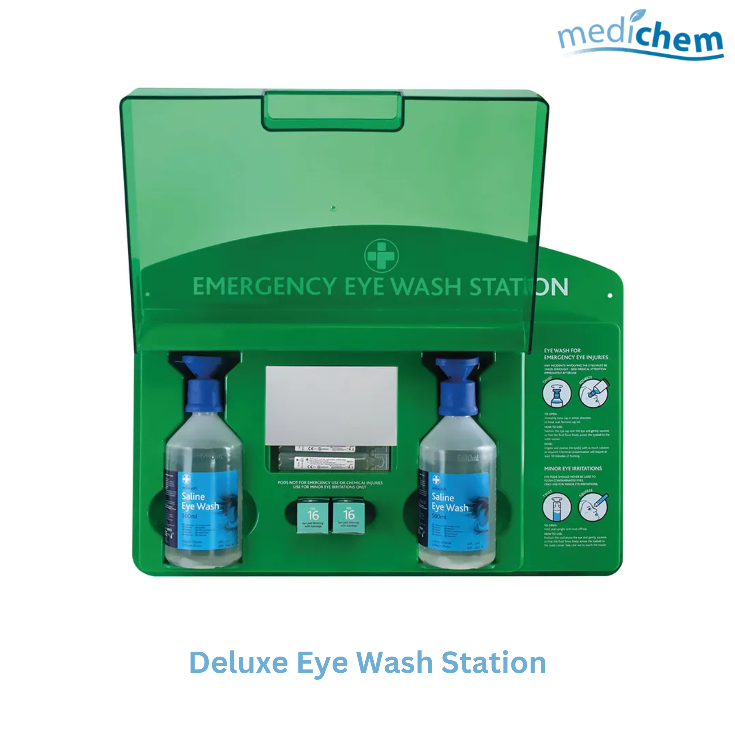 Deluxe Eye Wash Station — Outdoor Eye Irrigation Station with Saline & Eye Pads - Image 2