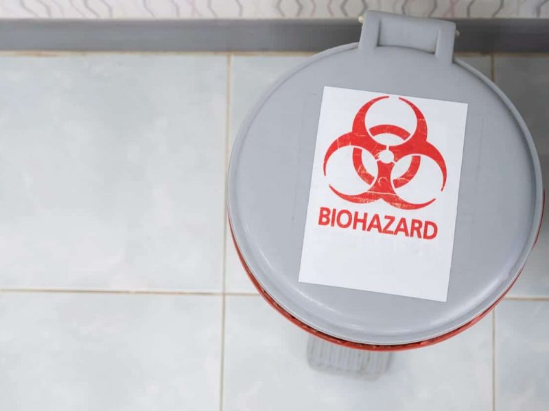Biohazardous containers used to safely remove sharps, needles, and IV catheters that contain any human blood.